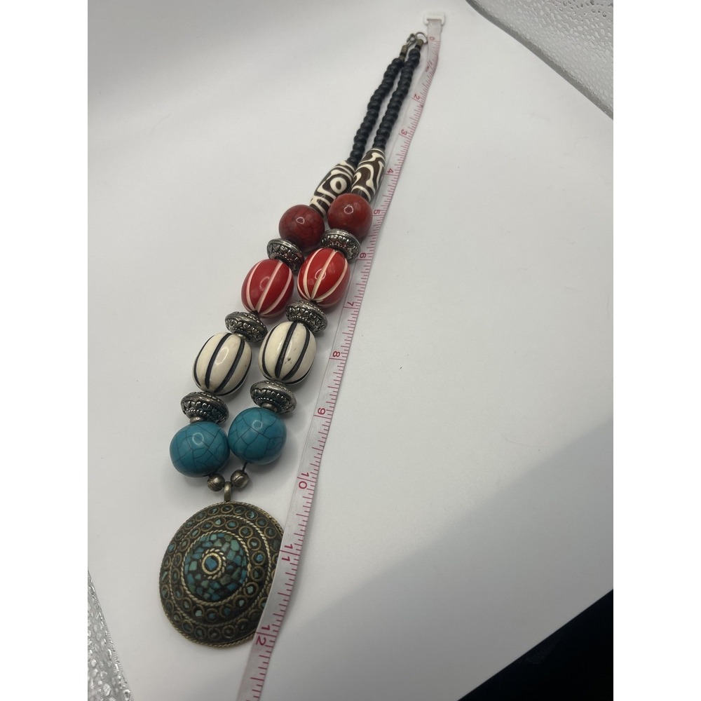 Boho Brass Statement Pendant Necklace Womens Beaded Multicolor - Picture 2 of 5